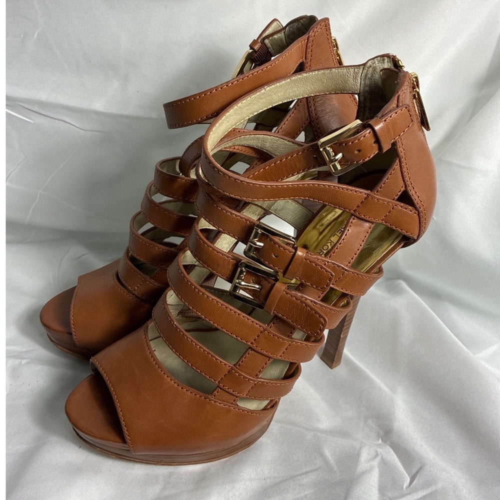 Michael Kors Tan Leather Strappy Gladiator Platform Heels Brown Gold Buckle 9.5M - Picture 3 of 10